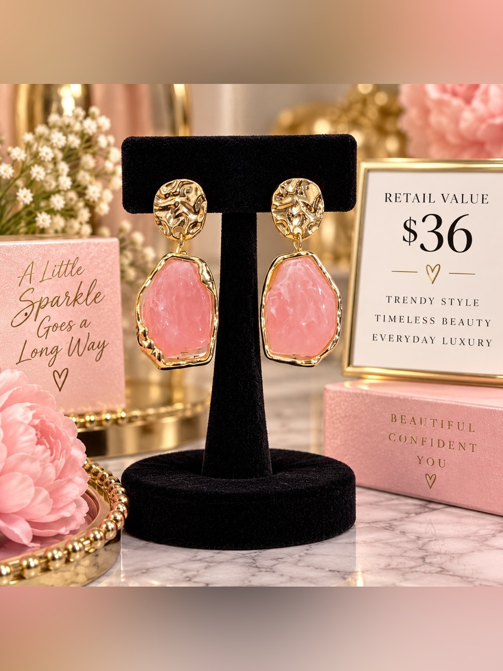 Pink Stone Gold Tone Statement Drop Earrings Textured Stud Top NWT